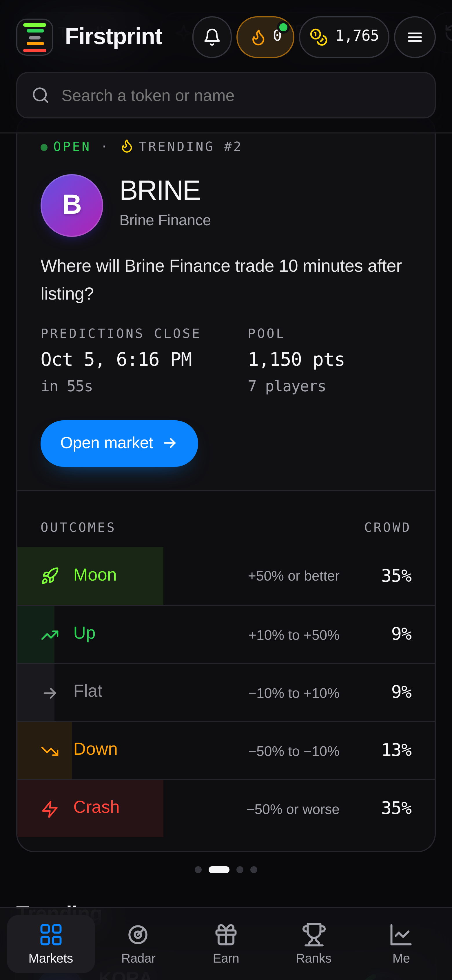 Firstprint app showing open markets